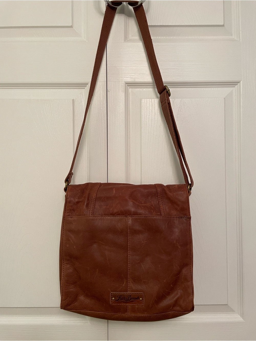 Lucky Brand Leather Fold Over Messenger Satchel Bag Studded Accents Clean